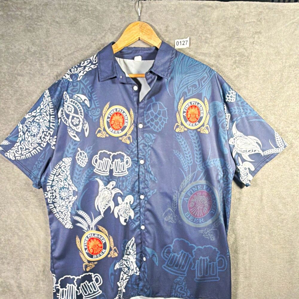 Lite Men’s Blue Graphic Print Short Sleeve Button-Up Shirt Beer Theme 2XL